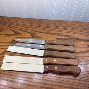 Vintage 5pc Chefs Delight Japan Interpur Stainless Steak Knives Wooden Handle